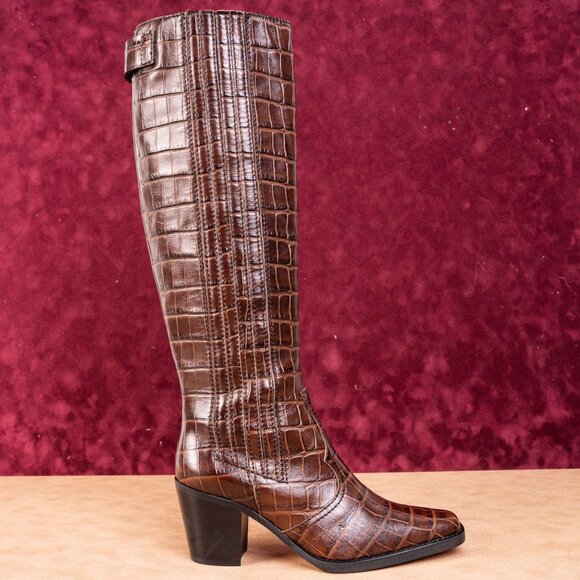 Ganni Women Croc Print Brown Leather Western Tall Fashion Boots sz 7.5US EUR38 - Picture 4 of 10